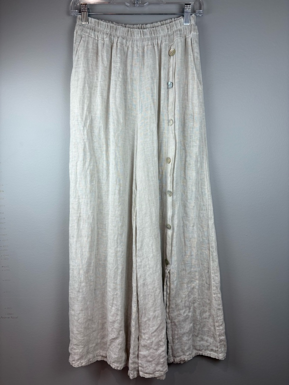 Meo Meli 100% Linen Wide Leg Palazzo Pant Cream Genuine Mother of Pearl Buttons